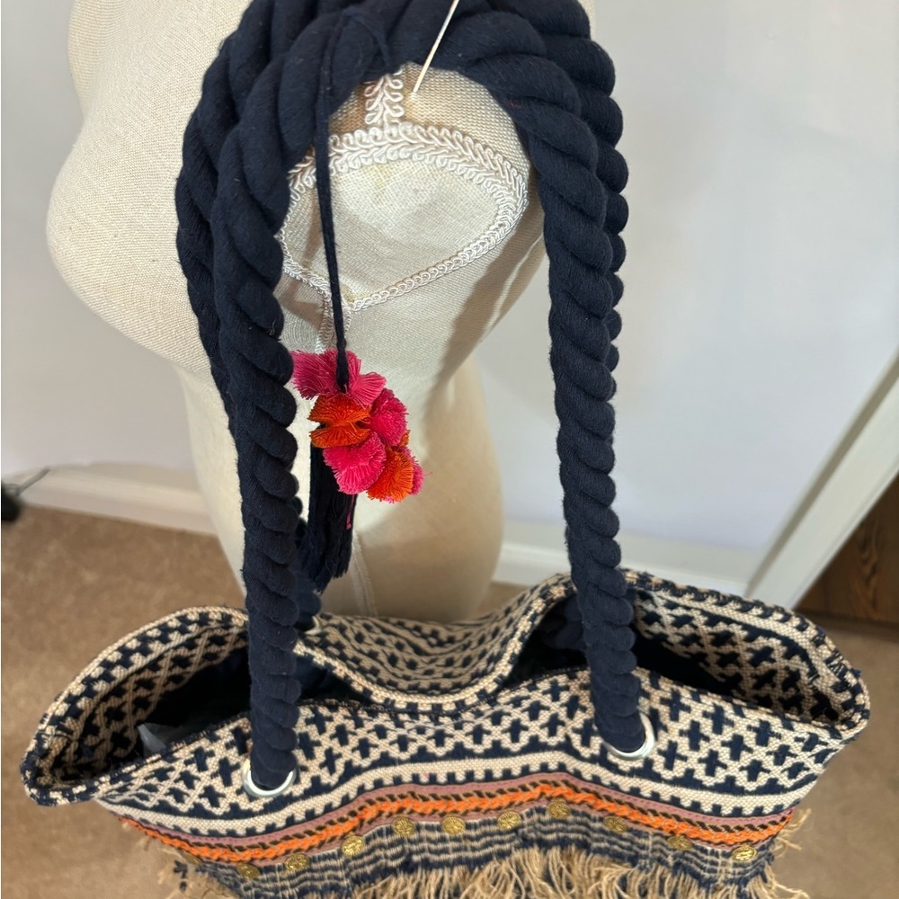 C & C California Home Jute XLarge Tote Bag Blue Tassel Medallion Pattern Boho - Picture 4 of 14